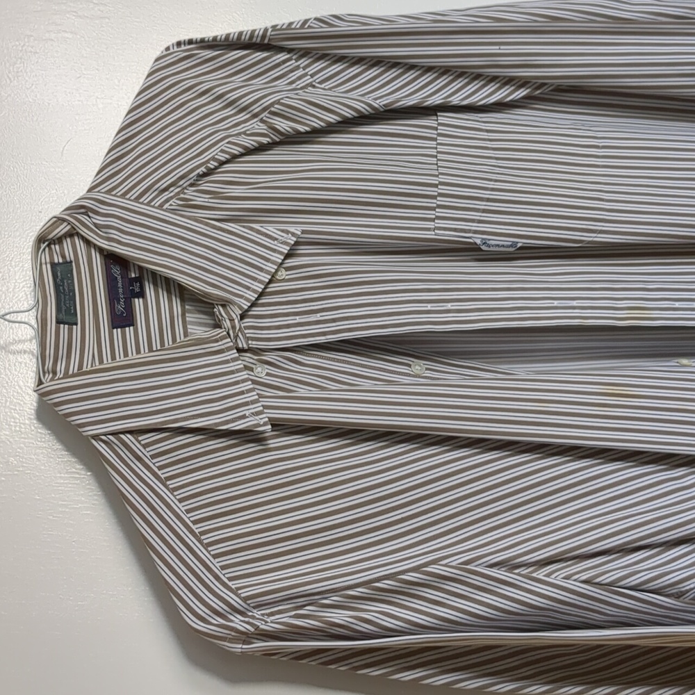 Faconnable used shirt with tan and blue pin strips